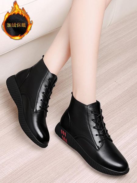 

boots women's autumn and winter 2021 shoes british style leather short single flat heel plush, Black