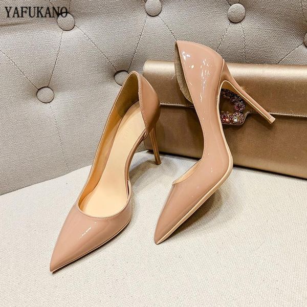 

dress shoes womens nude patent leather pointed toe high heels 10cm thin heel pumps wedding party office ladies plus size 33-42, Black