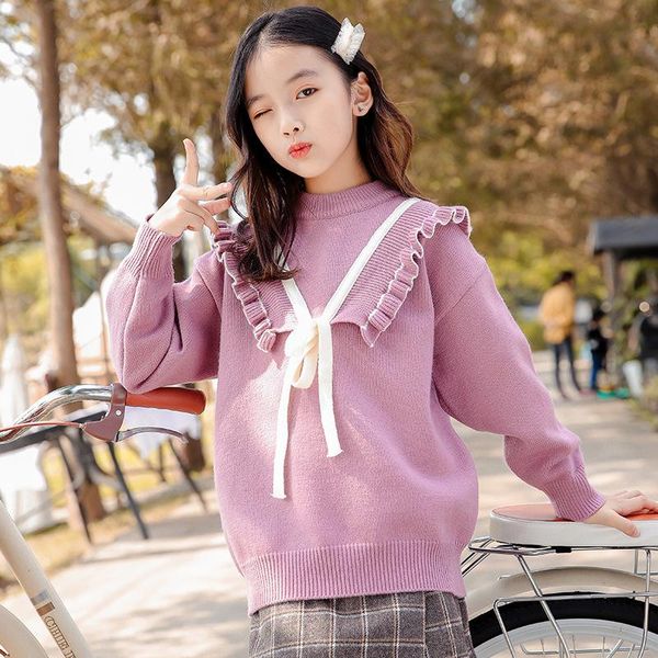 

pullover autumn winter girl clothes fashion bow ruffle sweaters children solid knitted kid 2021 plush o-neck casual sweater 4-15, Blue