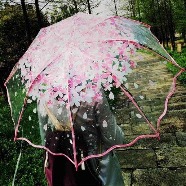 Ispessimento Trasparente Ombrello a pioggia a tre pieghe Fiore di ciliegio giapponese Plastica PVC Trasparente Falbala Ombrelli Donna parapluie 210721