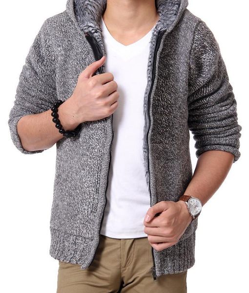 

men's sweaters hooded zipper sweatercoat men casual clothing autumn winter thicken warm knitted grey blue purple, White;black