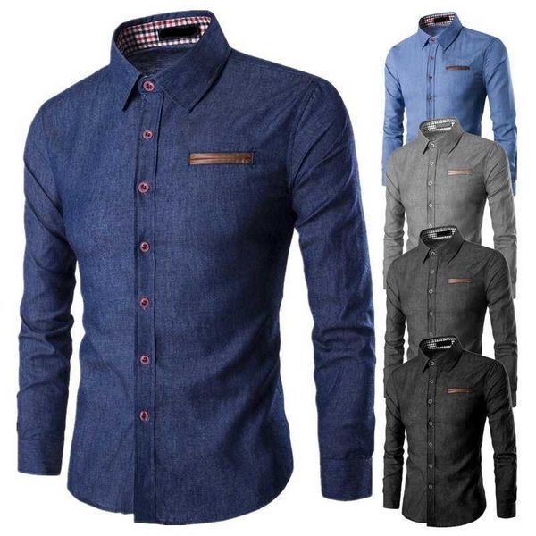 

pocket men's leather long sleeve shirt denim shirt, White;black