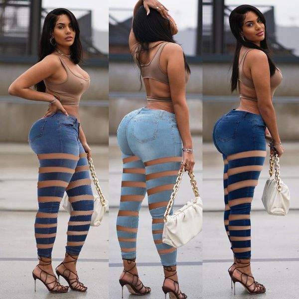 

women's jeans mdmupaogit ripped women denim pants high waist skinny pencil hollow out summer solid blue workout cargotrousers
