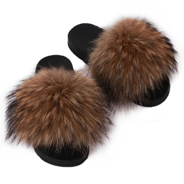 

slippers yoloagain women flat furry real fur slides ladies natural raccoon, Black