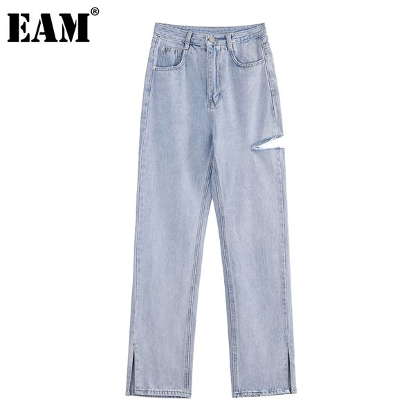 

[eam] high waist long blue denim slit burrs hole wide leg jeans loose women trousers fashion spring autumn 1dd7862 21512