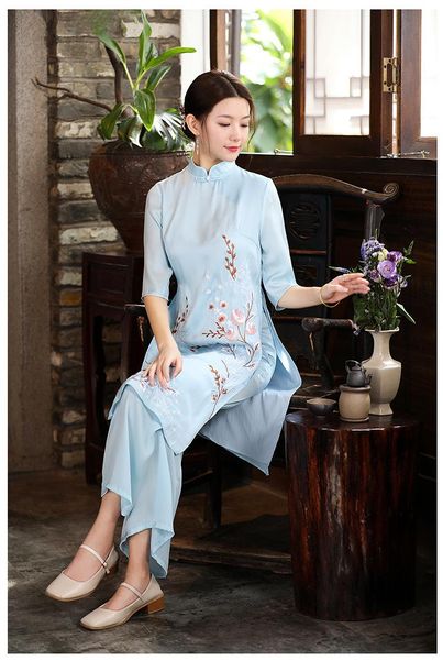 

women's two piece pants autumn traditional chinesehan tea style long section emboridered blouses+wide leg trousers set suit for women, White