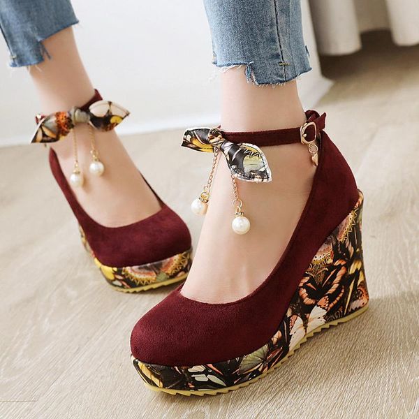 

dress shoes aiweiyi women's round toe large size shallow mouth platform wedding wedges print high heels women, Black