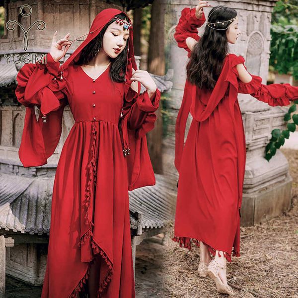 YOSIMI Summer Maxi Cotton and Linen Vintage Long Women Dress Party Dresses Rosso scollo a V manica lunga nappa abiti femminili 210604