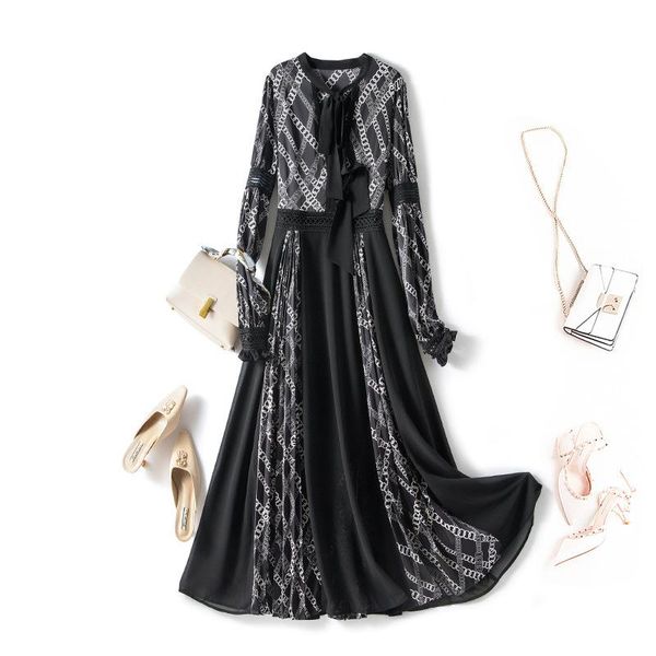 

large size fat mm printed chiffon dress for women in the spring and autumn of 2021 casual dresses, Black;gray