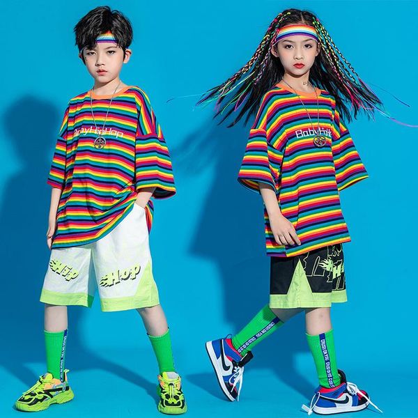 

stage wear hip hop dance clothing for kids summer stripes t shirt fashion white pants dancewear girls clothes fancy costume, Black;red