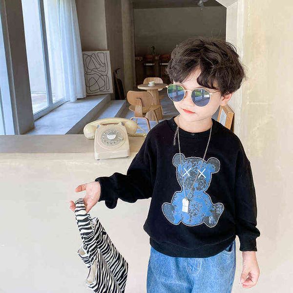 

children's 2021 autumn cartoon sweater boys and girls cute bear round neck blouse baby pullover g1209, Blue