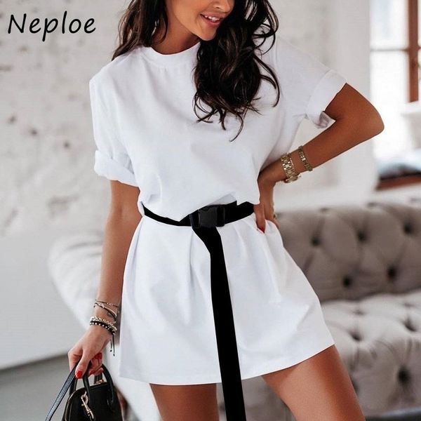 

neploe casual solid new women's dress including belt solid color o neck short sleeve dresses fashion leisure vestidos 1e321 210423, Black;gray