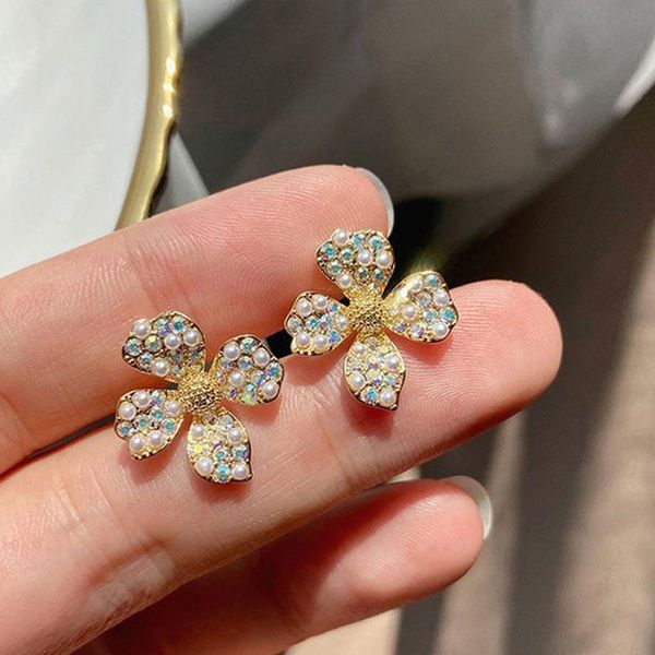 

925 silver needle pearl inlaid diamond flower earrings simple cold wind fashion dongdamen mori earrings girl, Golden