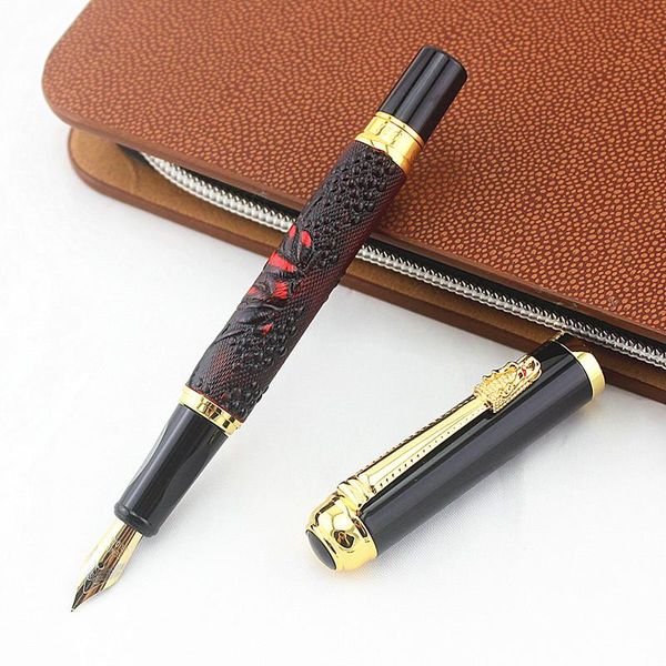 

classic red fountain pen grape embossed pattern golden drogon clip medium nib writing for office business metal ink pens