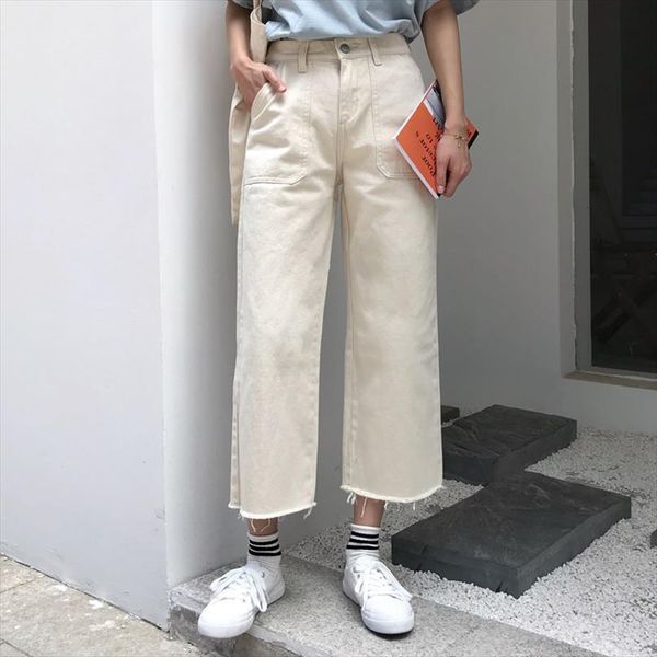

summer button fly elastic waist womens jean straight solid color wide leg pants office lady formal denim trousers, Blue