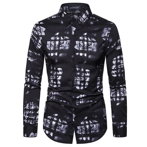 

boutique fashion shirt spring slim large digital printing european men's long sleeve, White;black