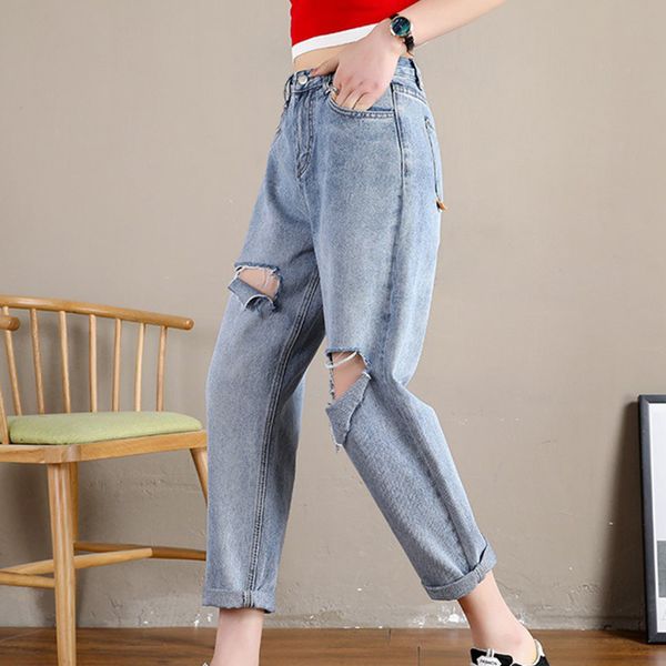

women distressed boyfriend ankle denim jeans white ripped casual summer autumn plain harem pants spring trousers 210514, Blue