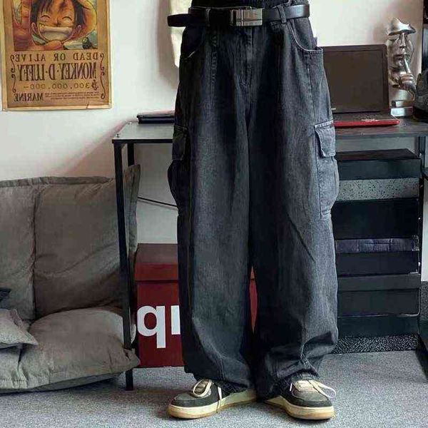 

houzhou baggy jeans trousers male denim pants black wide leg men's loose casual korean streetwear hip hop harajuku, Blue