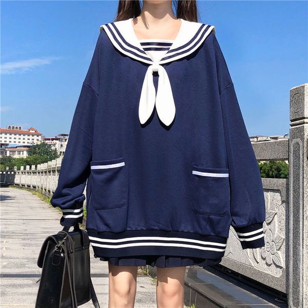 

japanese preppy style new oversized sweatshirt sweet sailor collar bow cute rabbit ears full sleeve fleece keep warm sweatshirt, Black