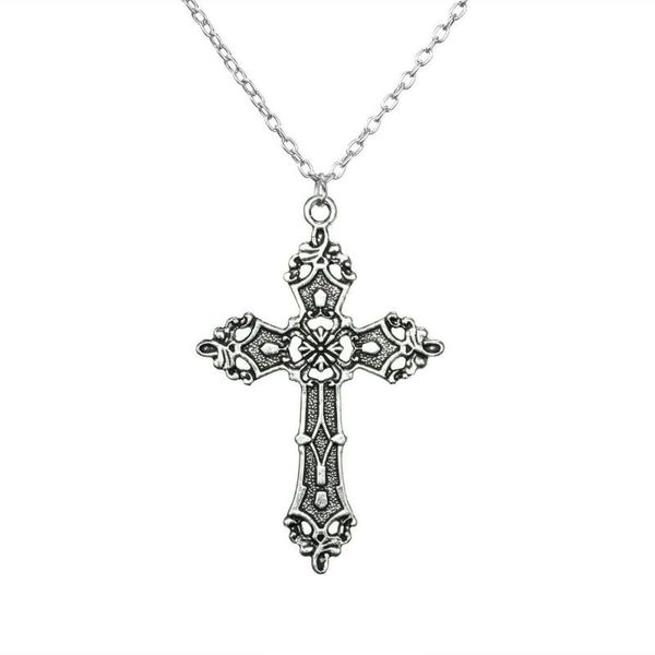 

chains christ baroque cross pendant necklace vintage bohemian 1980 gothic, Silver