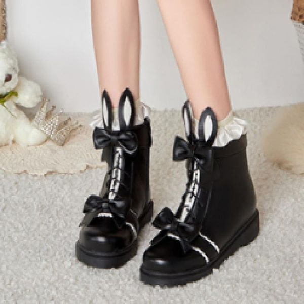 

boots women autumn and winter shoes lolita fashion mary jane vintage cute butterfly-knot plus size34-43, Black