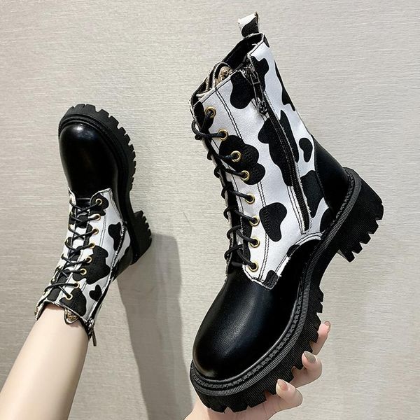 

boots women's pu leather ankle lace-up fabric designer motorcycle small fragrant wind goth punk, Black