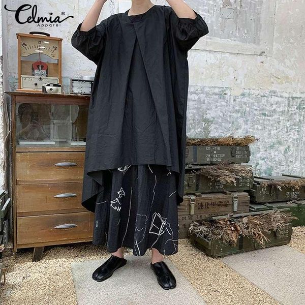 

women's blouses & shirts women korean asymmetrical long blouse celmia 2021 summer fashion casual 3/4 sleeve tunic solid color work blu, White