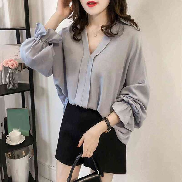 

women solid color deep v turndown collar long sleeve loose shirt blouse button blouses printed top, White