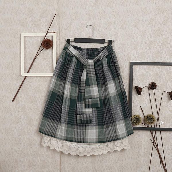 

skirts japanese autumn mori girl plaid skirt women asymmetrical cotton lace embroidery female kawaii bottoming a042, Black