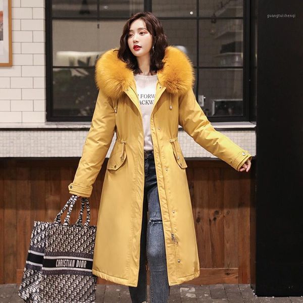 

women's down & parkas long cotton liner parka coat warm slim winter jacket women fur collar hooded 2021, Black