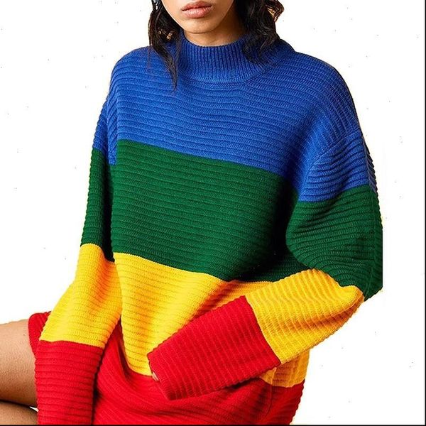 

autumn winter loose rainbow womens sweaters pullover knitwear wide stripe full sleeve high collar knitting jumpers vestidos, White;black