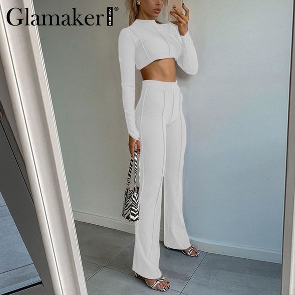 

glamaker backless chain 2 piece suit sets women casual crop and casual pants fitness winter autumn long jumpsuits 210414, White