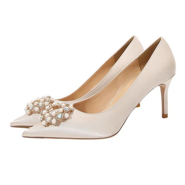 

dress shoes champagne wedding bridesmaid stiletto point pearl buckle custom large size women's, Black