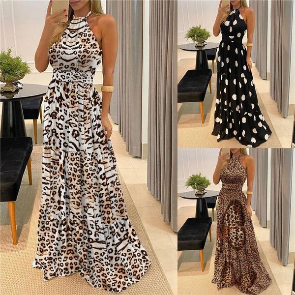 

women summer maxi dress, leopard print/butterfly/polka dot halter neck backless full-length skirt for party, s-xl casual dresses, Black;gray