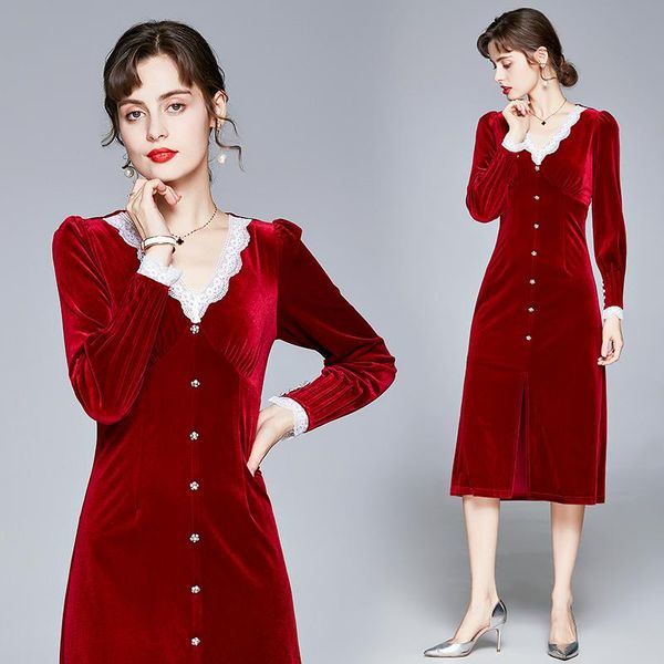 

casual dresses elegant vintage fashion women velvet slim tunic evening party dress lady v neck long sleeve split midi, Black;gray
