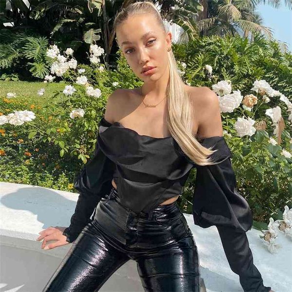 

chic women's draped satin spring style black irregular halter card shoulder long sleeve cropped 210524, White