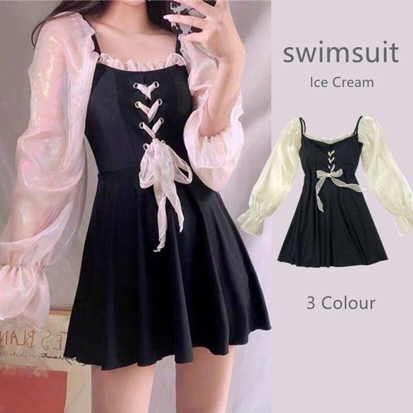 

one-piece suits swimsuit fairy ins long-sleeved belly slimming student girl spring sunscreen swimming skirt split swimwear women