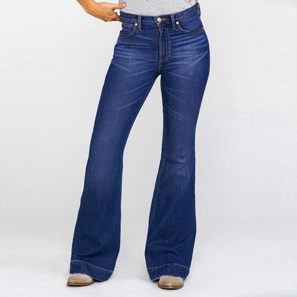 

women's jeans flare pants retro denim stripe pockets zipper casual slim ladies high waist trousers street wide leg, Blue