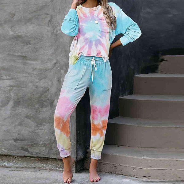 

tie-dye pajamas two piece sets women autumn o neck long sleeve loose +elastic lace up pocket trousers tracksuit suits ladies 210507, Black;red