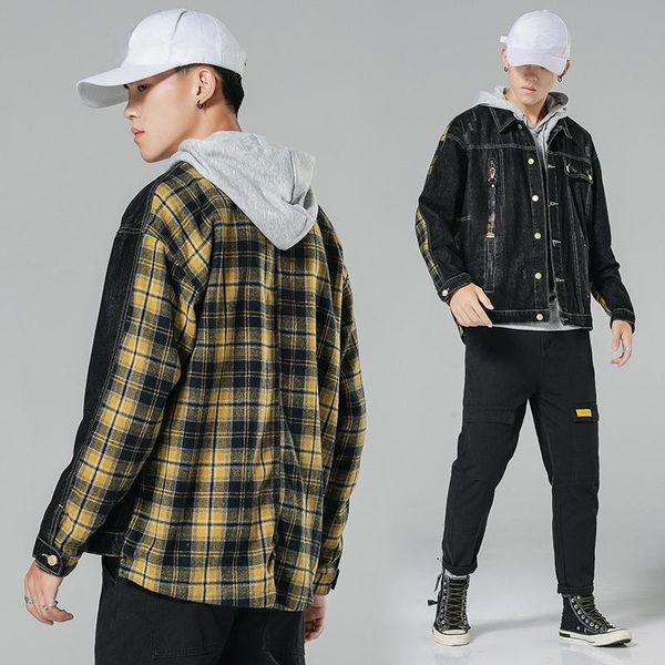 

men's jackets autumn light luxury japanese plaid denim jacket loose tide brand retro lapel long-sleeved shirt 8014 o5rc, Black;brown
