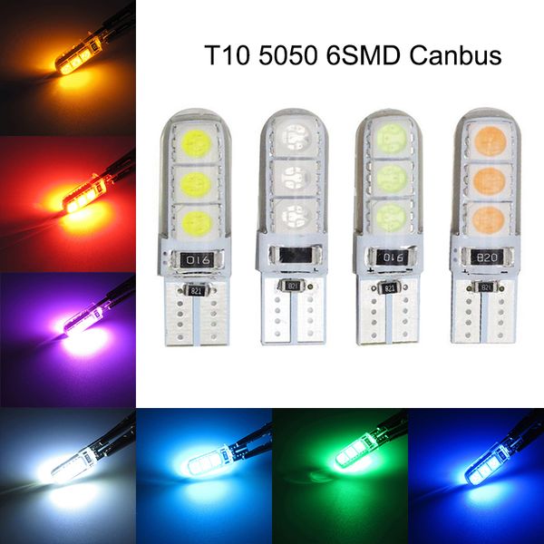 50 pcs T10 W5W 194 168 2825 5050 6SMD Silicone LED CANBUS Erro Bulbos de carro livre para lâmpadas de apuramento Luzes de licença 12V