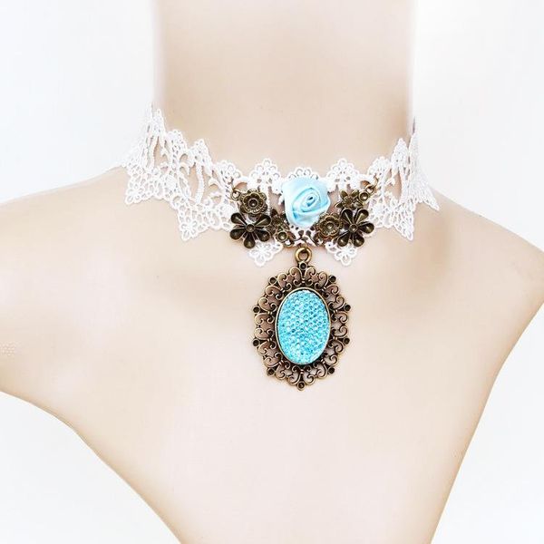 

necklace blue crystal 2021 white lace retro female jewelry chains women pendant necklaces, Silver