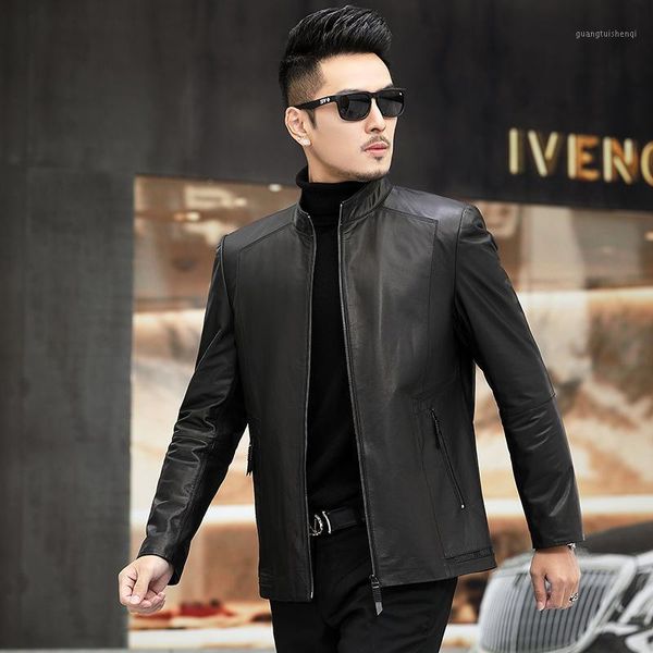 

men's fur & faux haining cattle leather coat down jacket short stand collar thickened warm and slim, Black