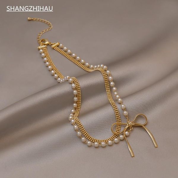 

pendant necklaces shangzhihua classic metal bow luxury pearl necklace for women with double style unusual jewelry gift accessories, Silver