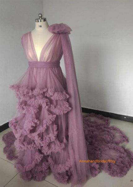 

wraps & jackets purple pography dress see thru prom dresses with puff full sleeves gowns ruffles tiered pregnant woman long robe 2021, White