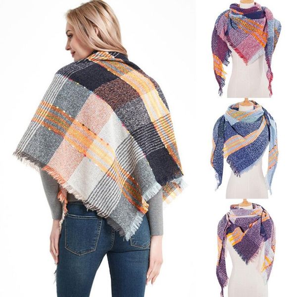 

scarves women's cotton urban casual wild ribbon lattice triangle warm plaid scarf autumn and winter, Blue;gray