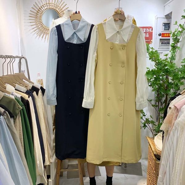 

korean fashion fake two piece women dress spring sweet long sleeve vestido de mujer temperament lace up femme robe 210514, Black;gray