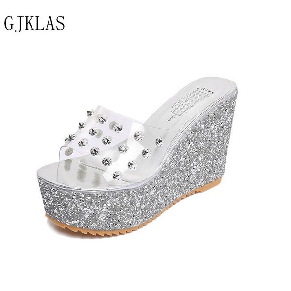 

slippers wedges sandals for women platforms summer transparent shoes sliver gold high heels slipper fashion sandal, Black
