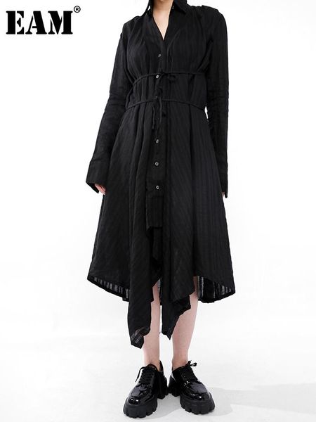 

casual dresses [eam] 2021 spring autumn lapel long sleeve black fold spliced bandage irregular hem shirt dress women fashion tide jr38801, Black;gray