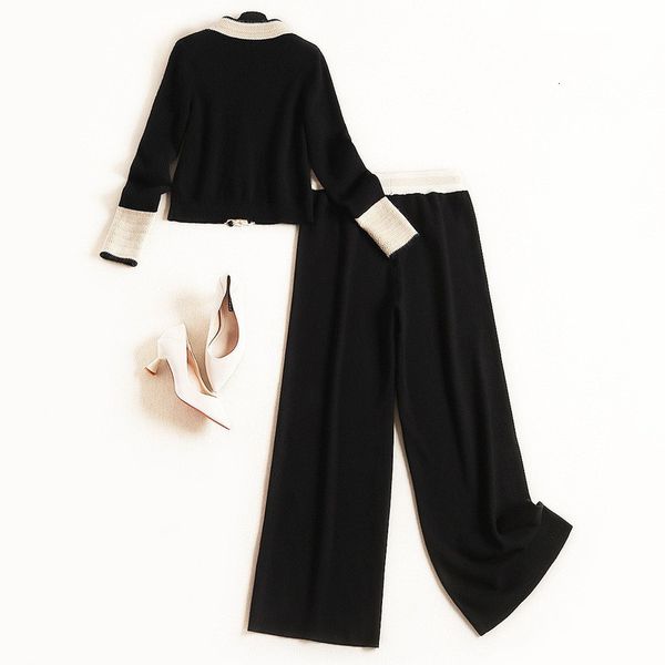 

women's two piece pants europe fashion female runway suit winter designers crochet block cardigan sweater and pants 2 piece sets 427s, White